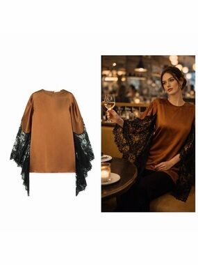 Christopher Kane Brown Blouse Satin Lace Draped Sleeve 2 Office Cocktail NWT 🟡